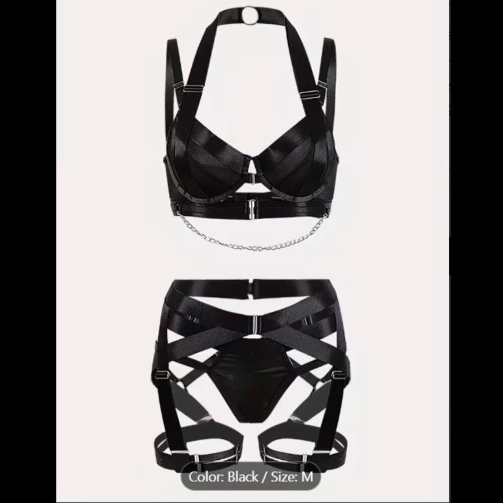 🖤 Black Sexy Strappy Harness Lingerie Bra & Panty Set | MEDIUM | BNWT